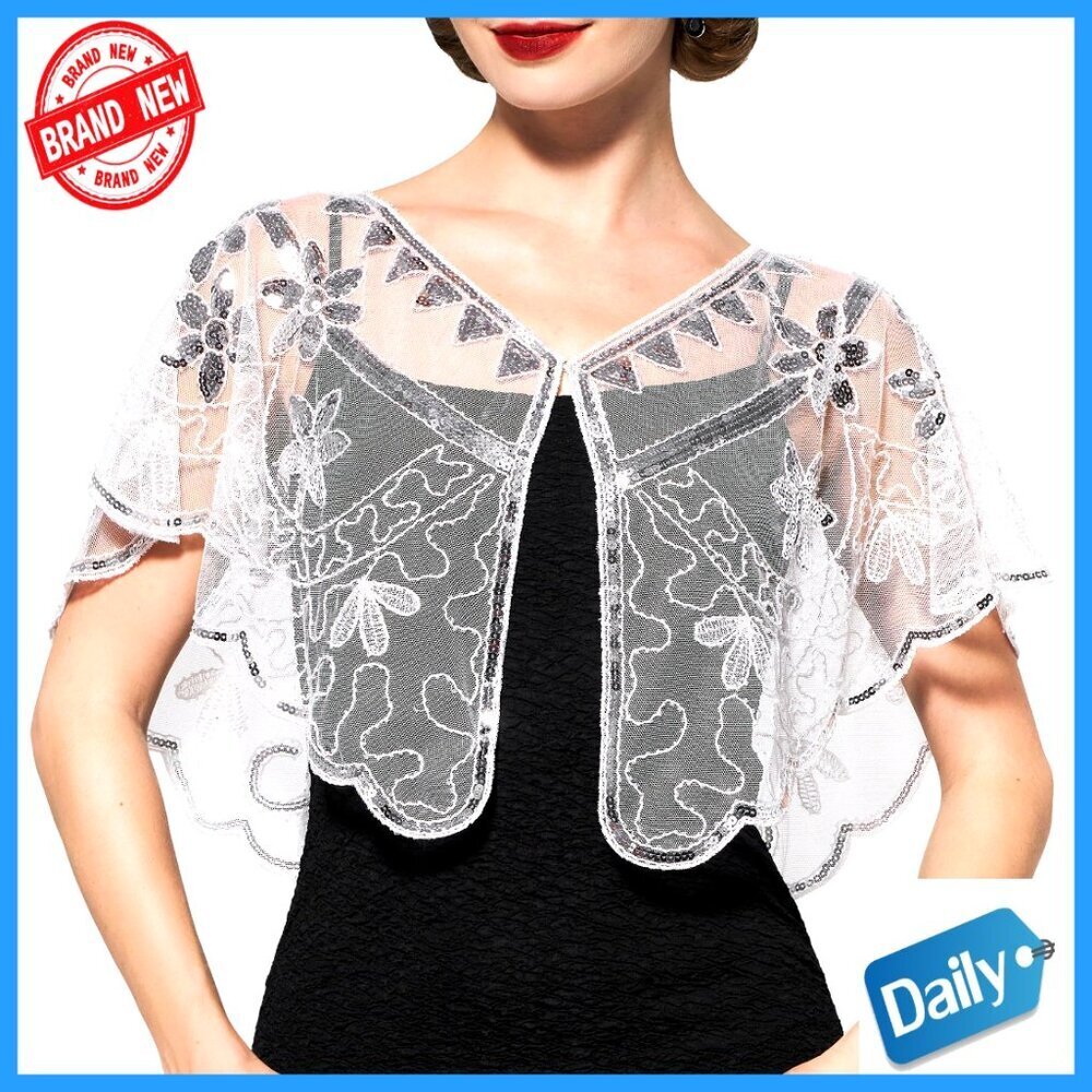 Sequin Mesh Flapper Shawl Wrap Gatsby Party Evening Cape Free Size